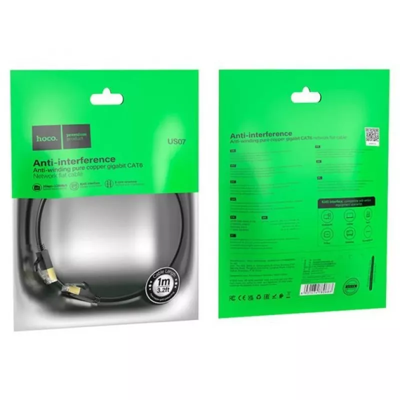 HOCO US07 General Pure Copper Flat Καλώδιο Δικτύου (1m) Μαύρο