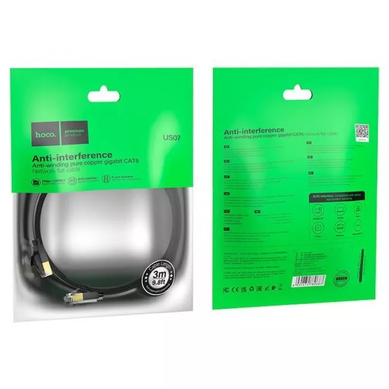 Hoco US07 General Pure Copper Επίπεδο Καλώδιο Δικτύου (3M) Μαύρο