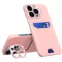 iLike Apple iPhone 14 Pro Max θήκη με θήκη καρτών και βάση, δερμάτινη θήκη βάσης, ροζ