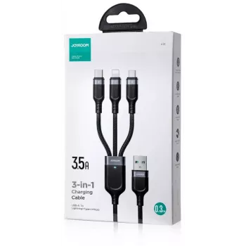 JOYROOM S-1T3018A18 καλώδιο φόρτισης 3 σε 1 USB-A σε USB-C/Micro-USB/Lightning, 30cm πλεκτό νάιλον, 3.5A, μαύρο