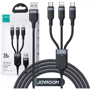 JOYROOM S-1T3018A18 καλώδιο φόρτισης 3 σε 1 USB-A σε USB-C/Micro-USB/Lightning, 30cm πλεκτό νάιλον, 3.5A, μαύρο
