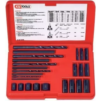 KS TOOLS σετ 25 τεμ. εξολκέων βιδών, εξολκείς αριστερόστροφοι HSS, M3-M18, με σπειροειδή τρυπάνια & οδηγούς διάτρησης (150.1305)