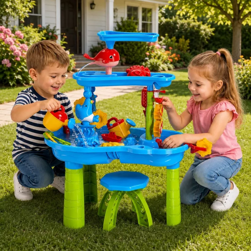 LEAN TOYS Πολυεπίπεδο τραπέζι νερού με καρέκλα, αξεσουάρ και φόρμες, 63 cm