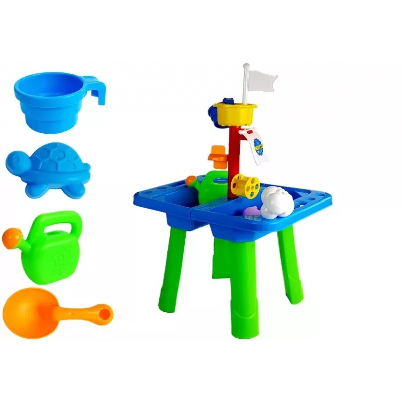 LEAN TOYS Τραπέζι Αμμοδόχου με Καλούπια, Φτυάρι, Τσουγκράνα και Σύννεφο - Πολύχρωμο