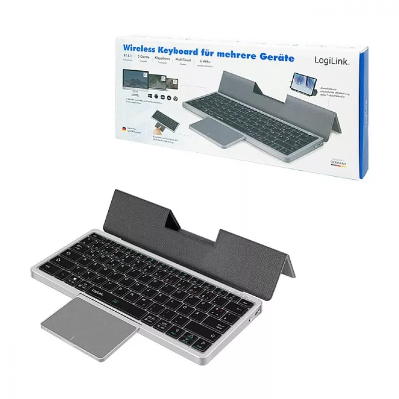 LogiLink ID0214 πληκτρολόγιο Bluetooth με touchpad, Bluetooth 5.1, 3 καναλιών, αφαιρούμενο κάλυμμα, γκρι