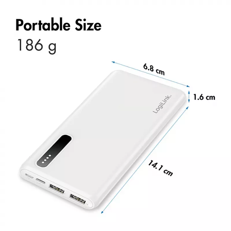 Logilink Φορητό Power Bank, LiPo, 8000 mAh, Λευκό