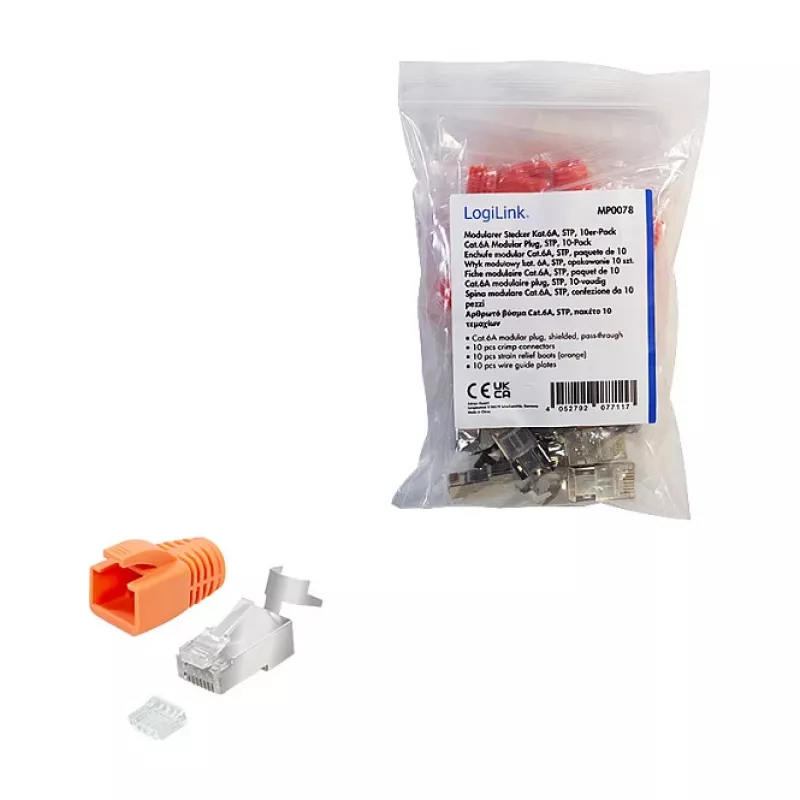 LogiLink αρθρωτό βύσμα RJ45 Cat.6A STP Pass Through, συσκευασία 10 τεμ.