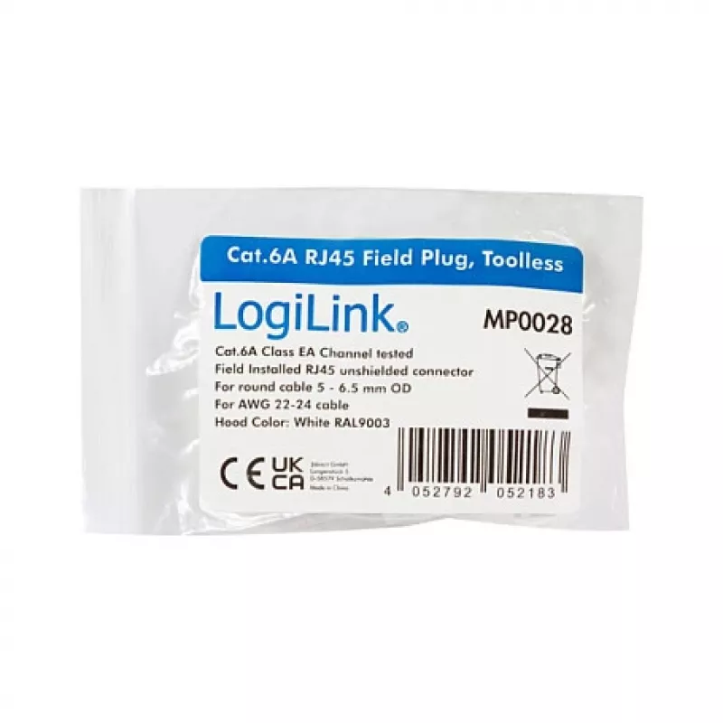 LogiLink αρθρωτό βύσμα RJ45 Cat.6A, UTP, χωρίς εργαλεία, λευκό