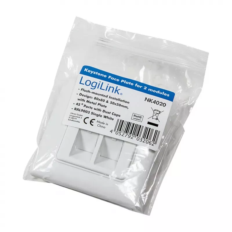 LogiLink NK4020 Πρίζα Τοίχου Keystone, Χωνευτή, 2 Μονάδων, Λευκό Σήματος
