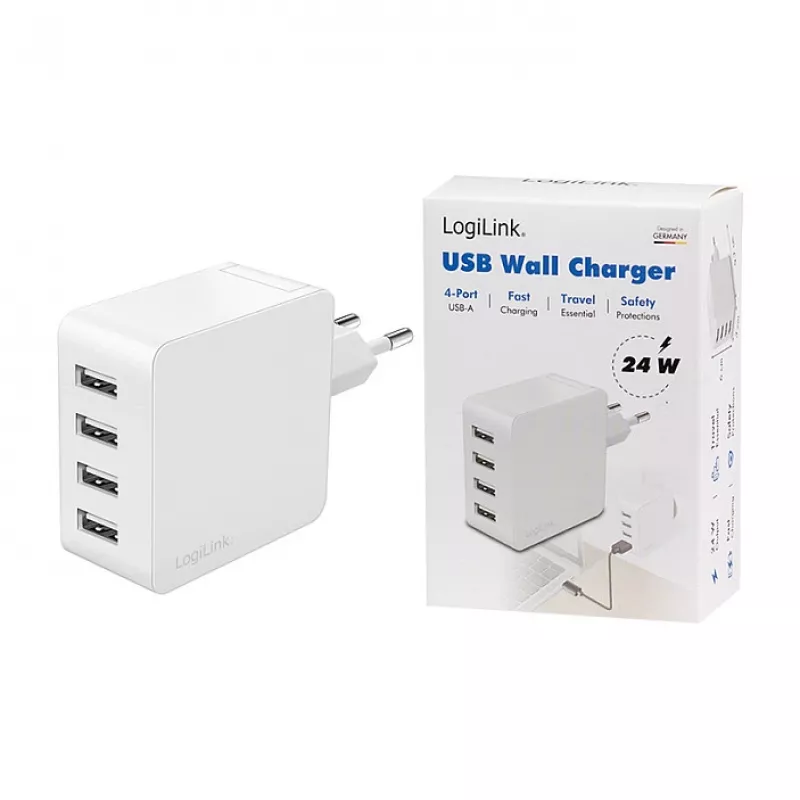 Logilink Φορτιστής USB-A, 24 W, 4 θύρες, 4x USB-A, Λευκό