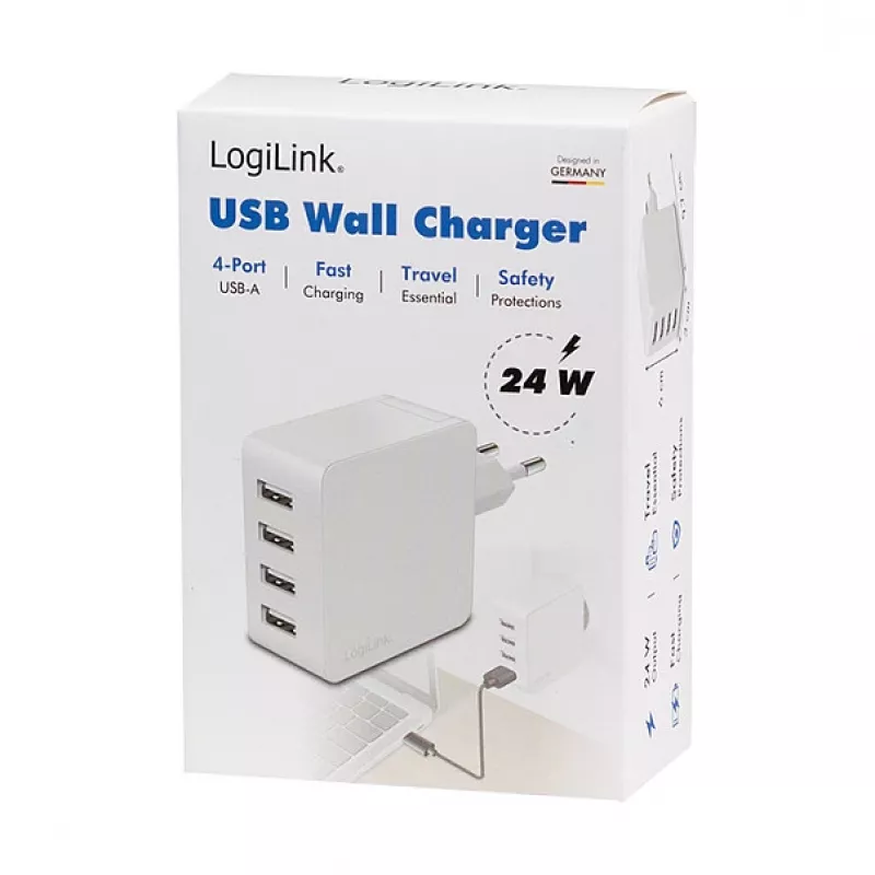 Logilink Φορτιστής USB-A, 24 W, 4 θύρες, 4x USB-A, Λευκό