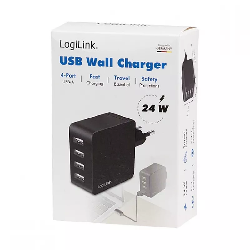 LogiLink Φορτιστής τοίχου USB-A, 24W, 4 θύρες, 4x USB-A, Μαύρο