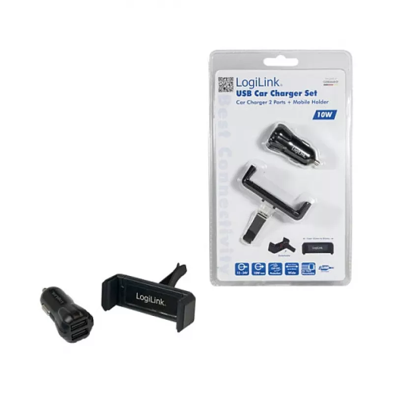 LogiLink σετ φορτιστή αυτοκινήτου USB, φορτιστής 2 θυρών + βάση