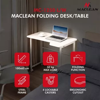 MCN Maclean πτυσσόμενο τραπέζι L-σχήματος λευκό 100x65 cm κινητό με φρένα MC-1250 L/W