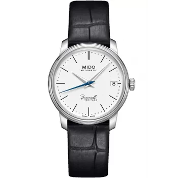 MIDO Baroncelli Lady γυναικείο αυτόματο ρολόι 33mm ανοξείδωτο ατσάλι λευκό καντράν μαύρο δερμάτινο λουράκι M027207160100