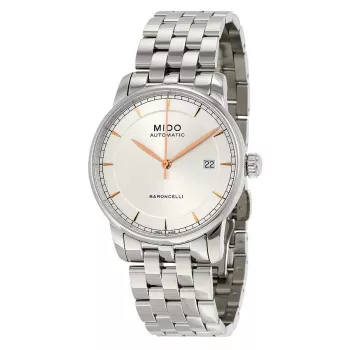 MIDO ανδρικό Baroncelli III αυτόματο ρολόι 38mm ασημί καντράν καφέ δερμάτινο μπρασελέ M86004101