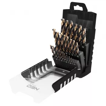 NEO TOOLS σετ 25 τεμ. τρυπάνια μετάλλου HSS-CNC, γωνία κορυφής 124°, Pro-Tec, 1,0–13,0 mm
