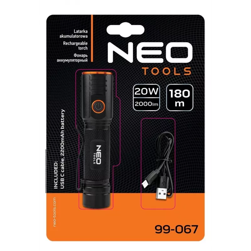 NEO TOOLS USB C 2000 lm CHN LED Φακός μπαταρίας
