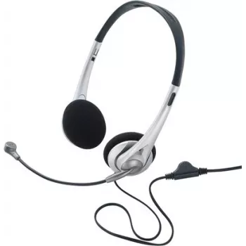 Renkforce RF-5045268 ενσύρματο headset on-ear με μικρόφωνο βραχίονα και ενσωματωμένο ρυθμιστή έντασης, μαύρο/ασημί