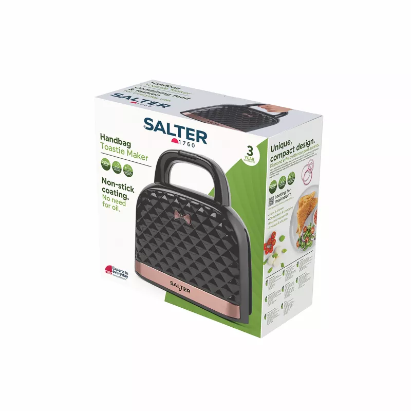Salter EK3677FVDE τοστιέρα σε σχήμα τσάντας, για 2 σάντουιτς, αντικολλητικές πλάκες, έως 200°C, λεπτομέρειες σε ροζ χρυσό