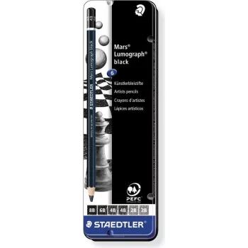 Staedtler Mars Lumograph 100B G6 σετ μολυβιών γραφίτη – 6 διαφορετικοί βαθμοί σκληρότητας (8B–B), εξάγωνο, πιστοποιημένο PEFC