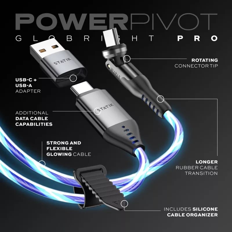 STATIK PowerPivot Pro Καλώδιο με φωτεινό LED USB-C σε USB-C 1m μαύρο