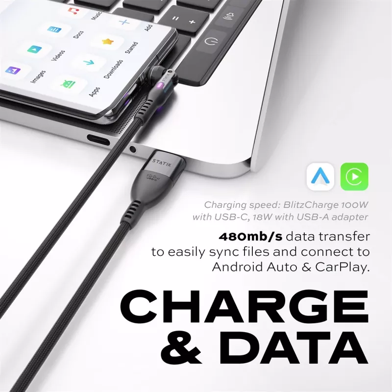 STATIK PowerPivot Pro Πλεκτό καλώδιο Nylon, USB-C σε USB-C, 1m, μαύρο