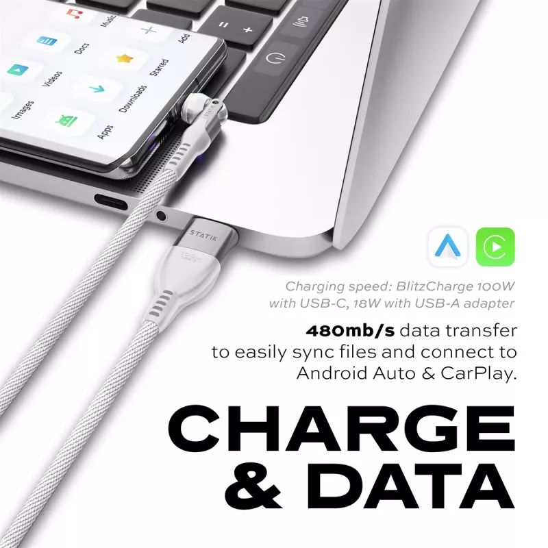 STATIK PowerPivot Pro πλεκτό καλώδιο Nylon, USB-C σε USB-C, 3m, λευκό
