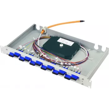 Telegärtner BASIS eco 1U 19 ιντσών LWL patch panel, 12x LC Duplex υποδοχές, χάλκινα περιβλήματα φωσφόρου, 24x OM3 50/125µm Pigtails, 2m, έτοιμο για συγκόλληση, τιρκουάζ πλαστικό κουτί
