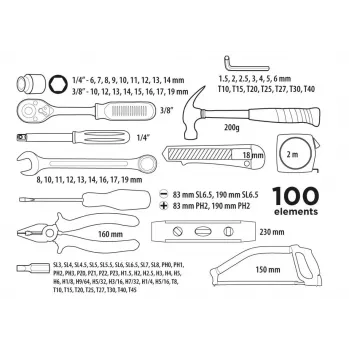 Top Tools σετ καρυδάκια και εργαλείων 100 τεμ. με τετράγωνο 1/4 ίντσας και 3/8 ίντσας, χάλυβας χρωμίου-βαναδίου, καστάνια 72 δοντιών και πλαστική βαλίτσα
