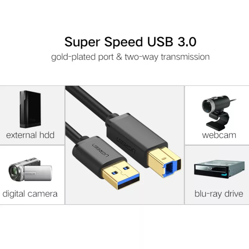 UGREEN US210 Καλώδιο USB 3.0 A σε B, 2m, μαύρο