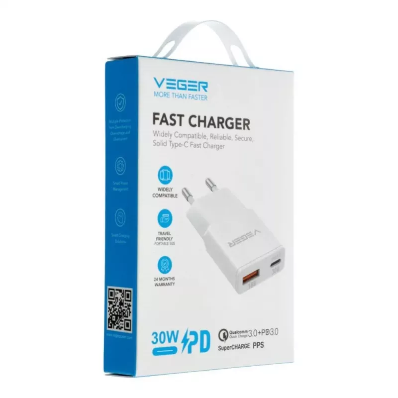 VEGER USB-A + USB-C QC PD 30W Φορτιστής Τοίχου 30W1A1C Λευκό
