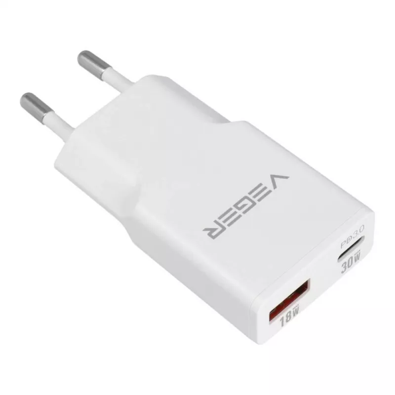VEGER USB-A + USB-C QC PD 30W Φορτιστής Τοίχου 30W1A1C Λευκό