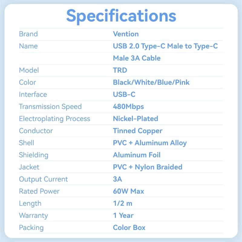 VENTION TRDBF Καλώδιο USB-C σε USB-C 1m Μαύρο