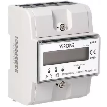 Virone EM-3 Τριφασικός μετρητής ενέργειας, 80A, 3 μονάδες, ράγα DIN TH-35mm