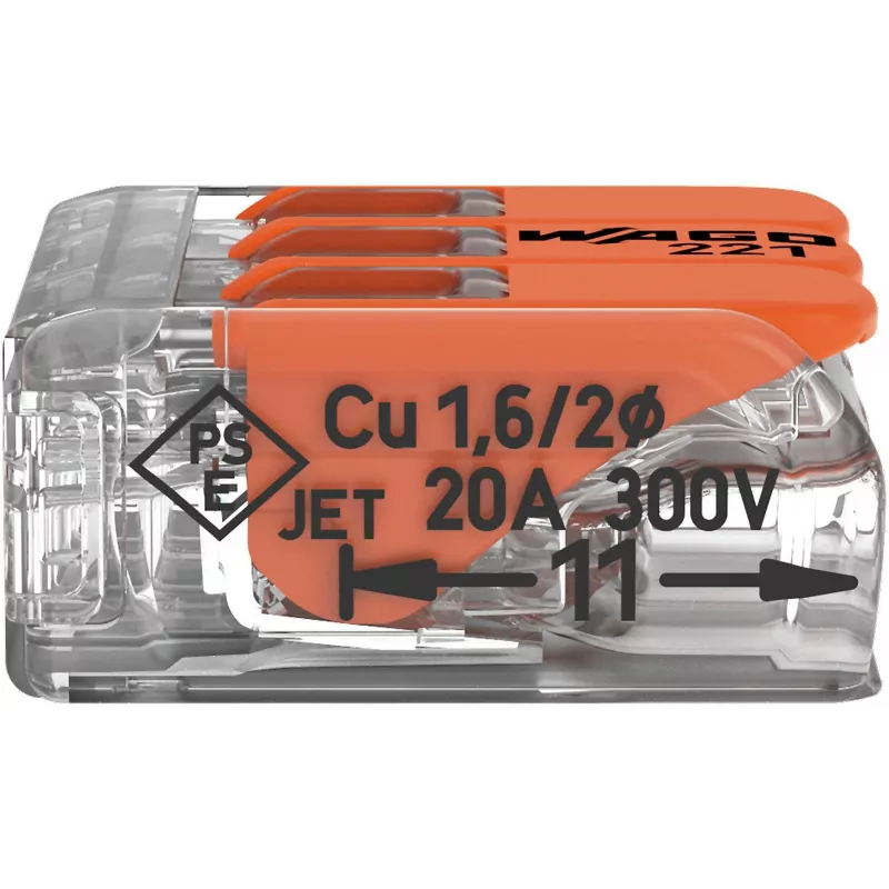 WAGO 221-413 COMPACT Κλέμμα σύνδεσης, 3 αγωγών, 0,2–4 mm², Διαφανές, συσκευασία 50 τεμ.