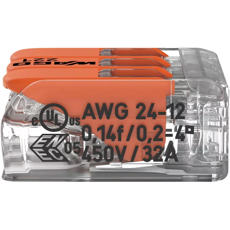 WAGO 221-413 COMPACT Κλέμμα σύνδεσης, 3 αγωγών, 0,2–4 mm², Διαφανές, συσκευασία 50 τεμ.