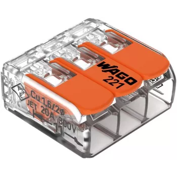 WAGO 221-413 COMPACT Κλέμμα σύνδεσης, 3 αγωγών, 0,2–4 mm², Διαφανές, συσκευασία 50 τεμ.