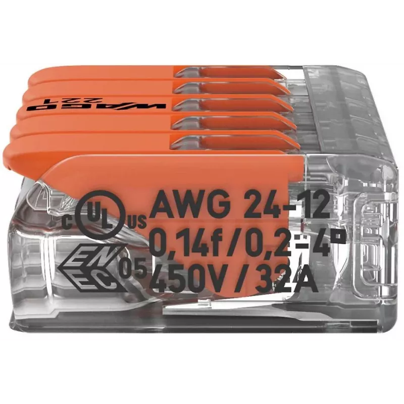 WAGO 221-415 COMPACT Κλέμα σύνδεσης για 5 αγωγούς, 0,2-4 mm², συσκευασία 25 τεμ.
